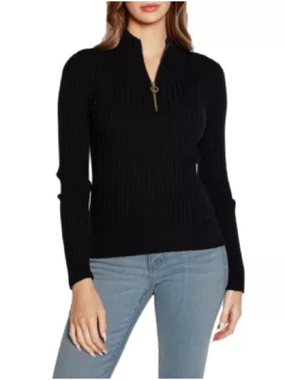 NWT SIZE L Belldini Black Ribbed Half-Zip Turtleneck Sweater with Gold Zip